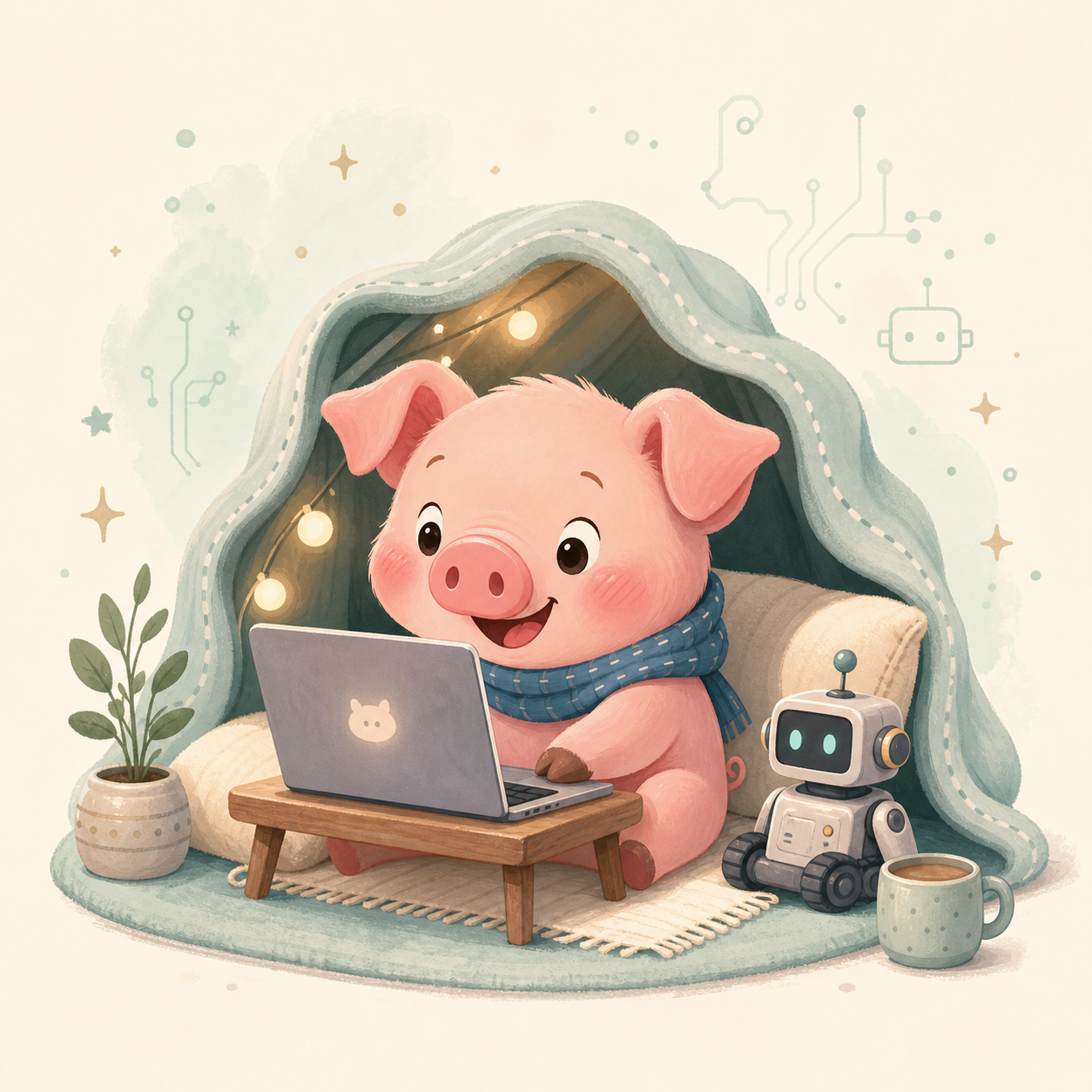 A cheerful cartoon piglet coding beside a tiny robot